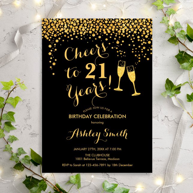  21st Birthday - Cheers To 21 Years Gold Black Invitation (Creator Uploaded)
