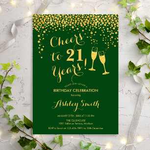 21st Birthday - Cheers To 21 Years Gold Green Invitation