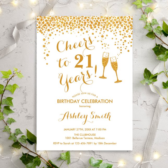  21st Birthday - Cheers To 21 Years Gold White Invitation (Creator Uploaded)