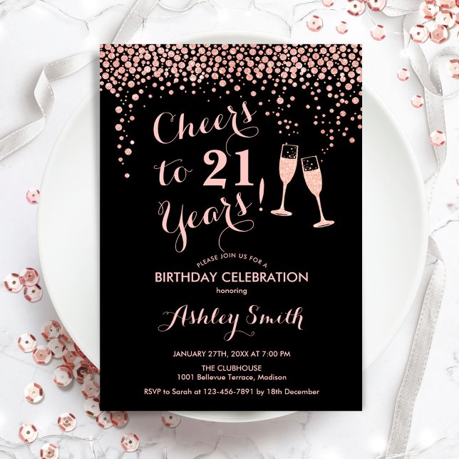  21st Birthday Cheers To 21 Years Rose Gold Black Invitation (Creator Uploaded)