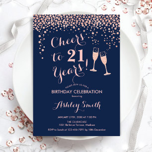 21st Birthday Cheers To 21 Years Rose Gold Navy Invitation