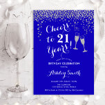 21st Birthday - Cheers To 21 Years Royal Blue Invitation<br><div class="desc">21st Birthday Invitation. Cheers To 21 Years! Elegant design in royal blue,  white and silver. Features champagne glasses,  script font and glitter silver confetti. Perfect for a stylish birthday party. Personalise with your own details. Can be customised to show any age.</div>