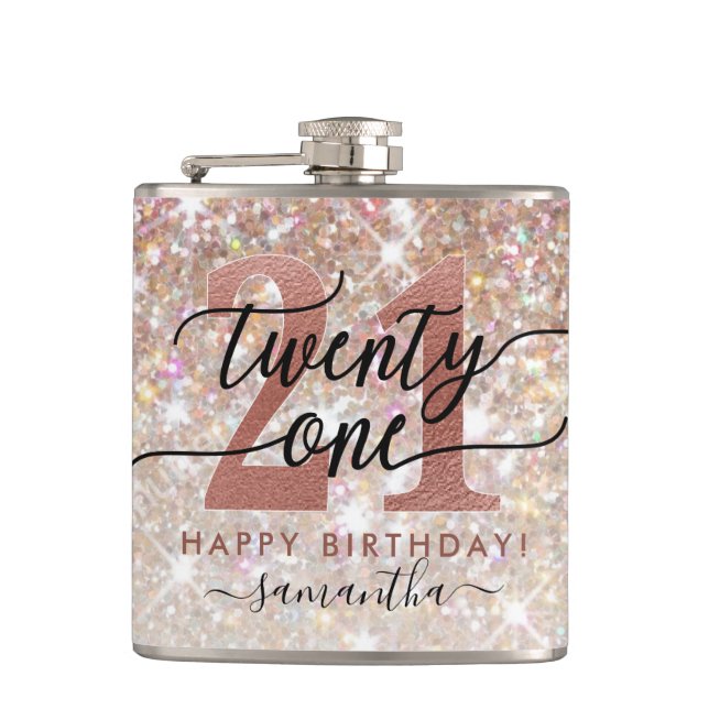 21st Birthday Chic Glitter Ombre Hip Flask (Front)
