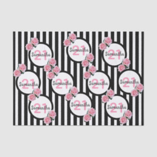 21st birthday chic pink roses black white stripes tissue paper