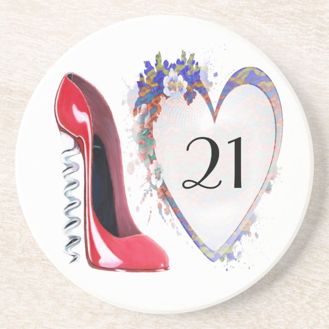 21st Birthday Coaster with Corkscrew Red Stiletto  (Front)