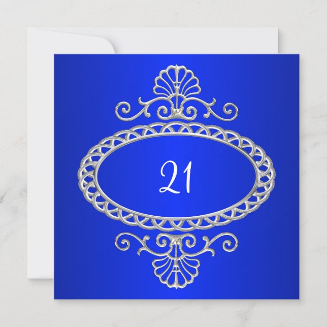 21st Birthday Cobalt Blue & Silver Metal Invitation (Front)