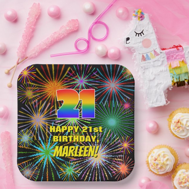 21st Birthday: Colourful, Fun Celebratory Firework Paper Plate (Party)