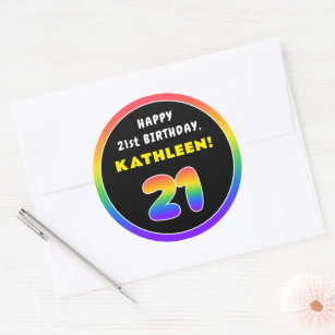 21st Birthday: Colourful Rainbow # 21, Custom Name Classic Round Sticker