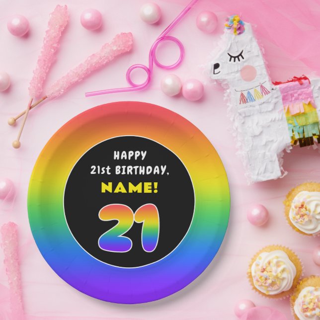 21st Birthday: Colourful Rainbow # 21, Custom Name Paper Plate (Party)