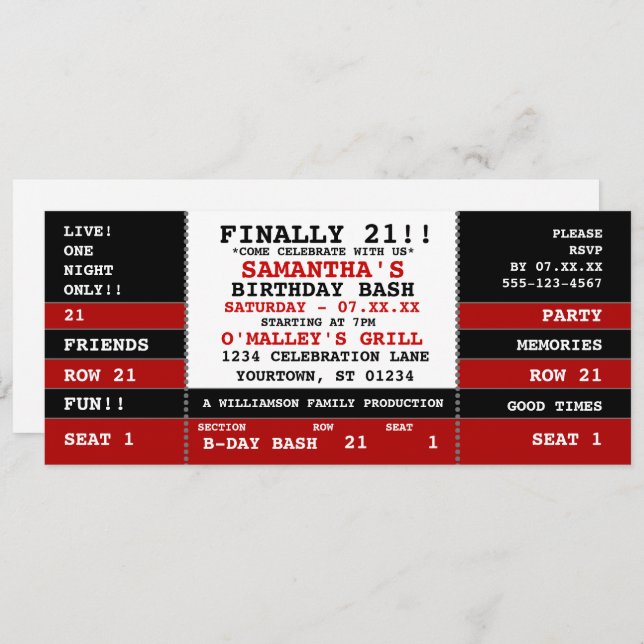 21st Birthday Concert Ticket Invitation (Front/Back)