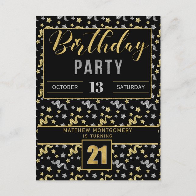 21st Birthday Confetti in Black and Gold Invitation Postcard (Front)
