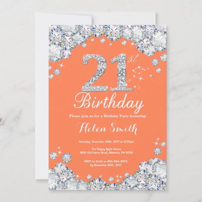 21st Birthday Coral and Silver Diamond Invitation (Front)