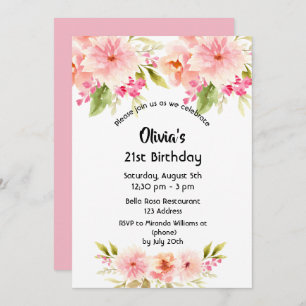 21st birthday coral dahlia flowers pastel pink invitation