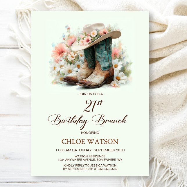 21st Birthday Cowgirl Boots Birthday Brunch Invitation (Creator Uploaded)