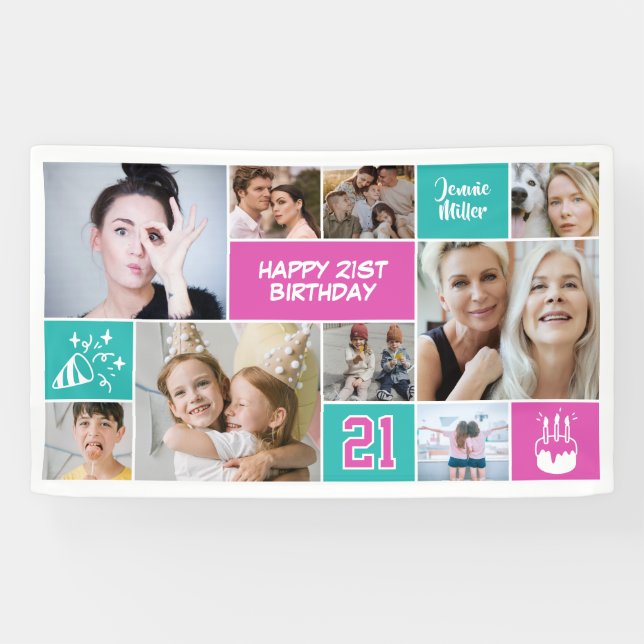 21st Birthday Custom Photo Collage Aqua Pink Banner (Horizontal)