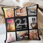 21st birthday custom photo collage girl black cushion<br><div class="desc">A unique gift for a young womans 21st birthday, celebrating her life with a collage of 8 of your own photos, pictures. Personalize and add her name, age 21 and a date. A chic black background. Gray and white letters and numbers. The name is written with a modern hand lettered...</div>