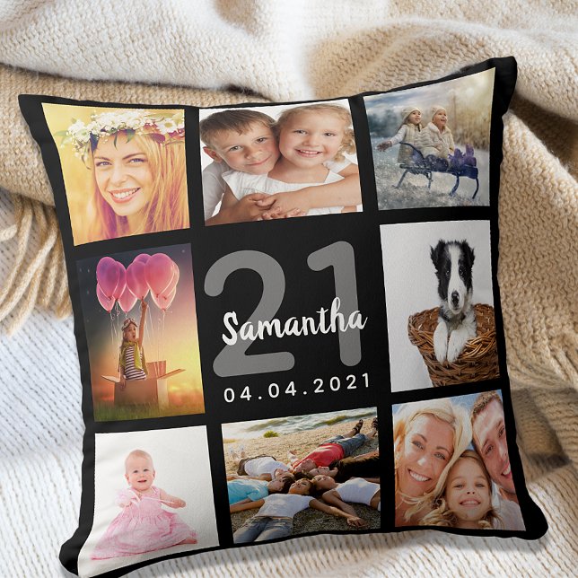 21st birthday custom photo collage girl black cushion (Creator Uploaded)