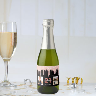 21st birthday custom photo glitter black rose gold sparkling wine label