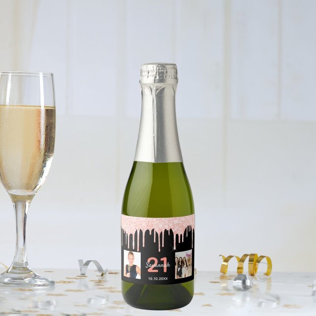 21st birthday custom photo glitter black rose gold sparkling wine label (Creator Uploaded)