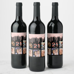 21st birthday custom photo glitter black rose gold wine label