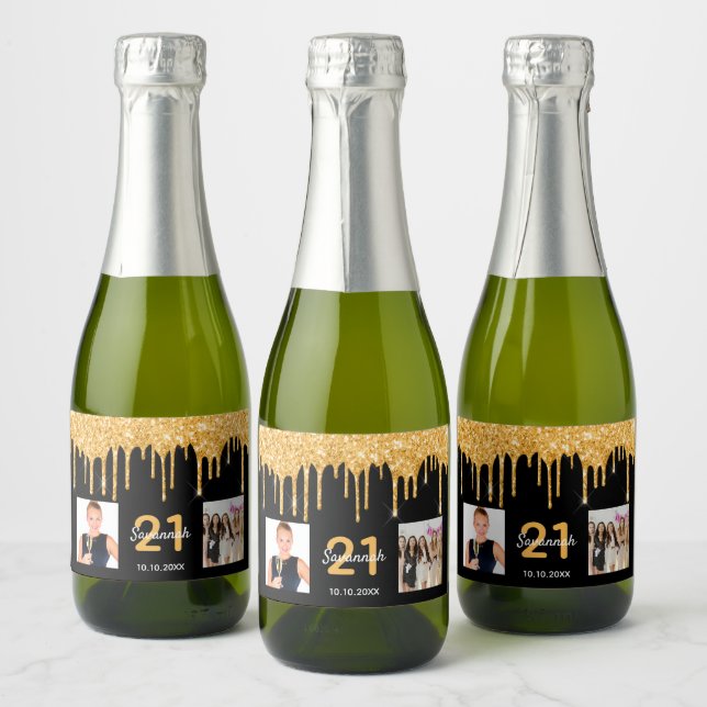 21st birthday custom photo glitter black sparkle sparkling wine label (Bottles)
