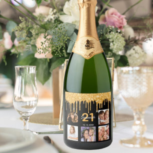 21st birthday custom photo glitter black sparkle sparkling wine label