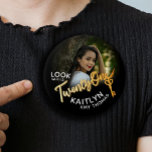 21st Birthday custom photo gold colour and black 7.5 Cm Round Badge<br><div class="desc">Twenty one gold efffect script text photo party pin button badge. Personalise this 21st birthday party script photo birthday button with your own birthday girls name and a photo of your birthday girl. Other years and matching items are available and can be created by request. © Original design by Sarah...</div>