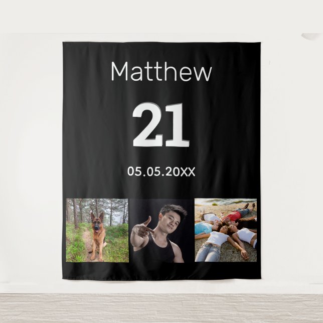 21st birthday custom photo monogram guy black tapestry (Front)