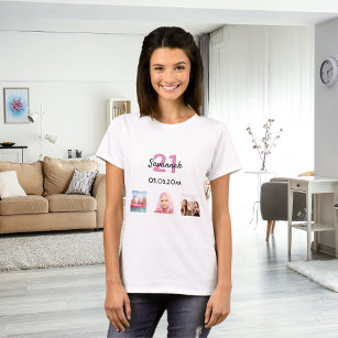 21st birthday custom photo pink monogram woman T-Shirt