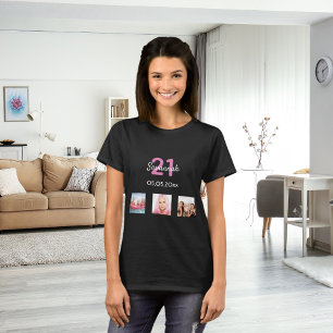21st birthday custom photo pink monogram woman T-Shirt