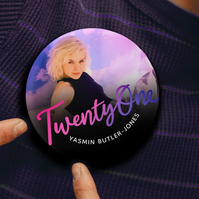21st Birthday custom photo purple pink black 3 Cm Round Badge (Creator Uploaded)
