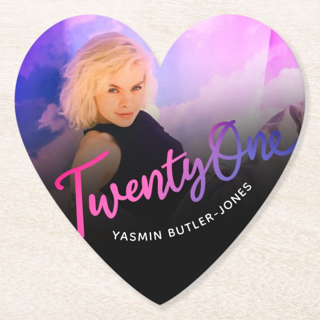 21st Birthday custom photo purple pink black Paper Coaster (Front)