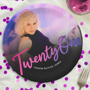 21st Birthday custom photo purple pink black Paper Plate