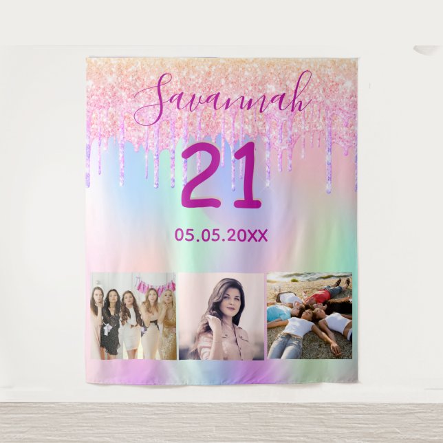 21st birthday custom photo rainbow rose gold pink tapestry (Front)