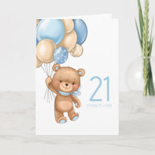 21ST birthday cute blue balloons boy teddy card