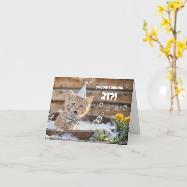 21st Birthday Cute Kitten Funny Bubble Bath Card (Yellow Flower)