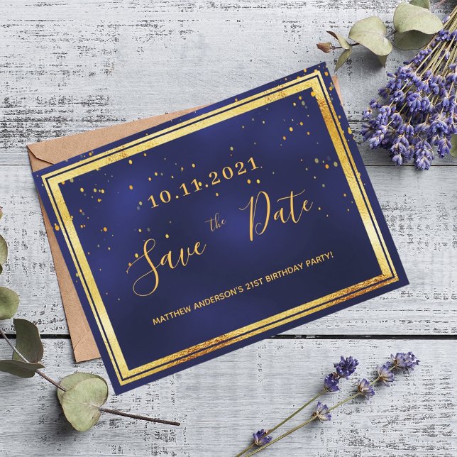 21st birthday dark blue gold save the date postcard (Creator Uploaded)