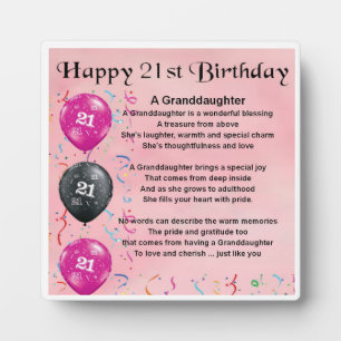 21st  Birthday Design Granddaughter Poem Plaque