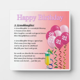 21st Birthday Design Granddaughter Poem Plaque