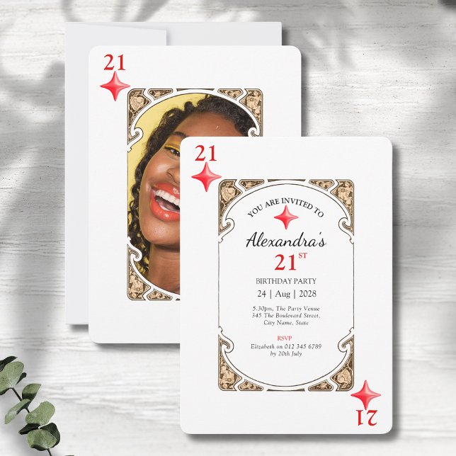 21st Birthday Diamond Playing Card Invitation (21st birthday party invitations in an art deco playing card style on a grey wood background.)