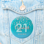 21st birthday diamonds glitter teal blue green 6 cm round badge<br><div class="desc">An elegant, glamourous and girly 21st birthday party button. Teal, blue green coloured faux glitter with faux diamond sprinkle and a golden frame. Templates for a name, age 21 and a date. Date of birth or the date of the party/anniversary. White and teal coloured letters. The name is written with...</div>