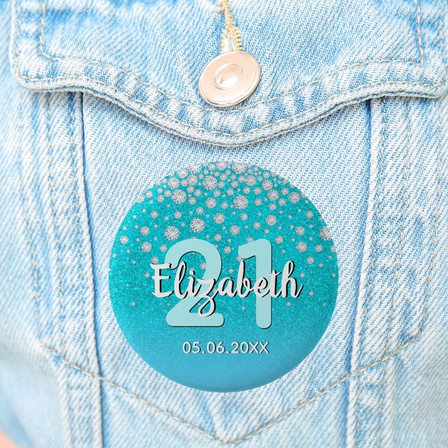 21st birthday diamonds glitter teal blue green 6 cm round badge (Creator Uploaded)