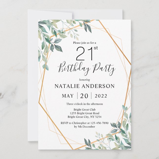 21st Birthday Elegant Eucalyptus Greenery and Gold Invitation (Front)