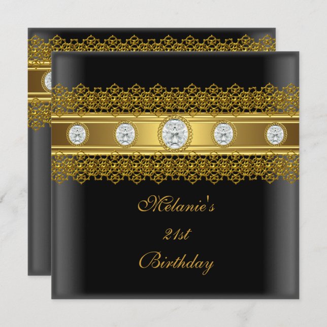 21st Birthday Elegant Lace Black Gold Diamond Invitation (Front/Back)