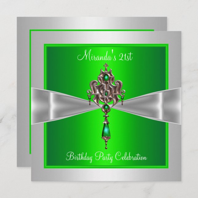 21st Birthday Elegant Lime Green Silver White Bow Invitation (Front/Back)