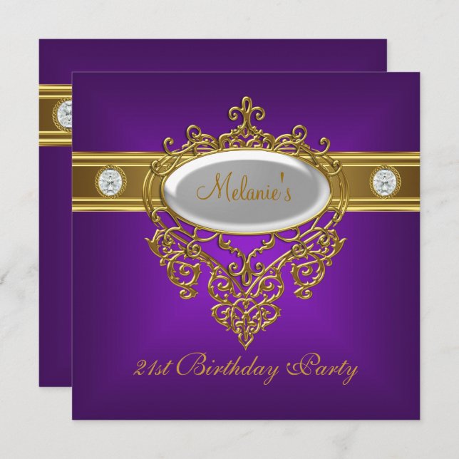 21st Birthday Elegant Purple Lace White Gold Invitation (Front/Back)