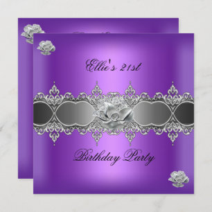 21st Birthday Elegant Purple Silver Floral Jewel Invitation