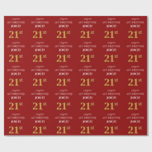 21st Birthday: Elegant, Red, Faux Gold Look Wrapping Paper