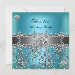 21st Birthday Elegant Teal Blue Silver Floral Invitation