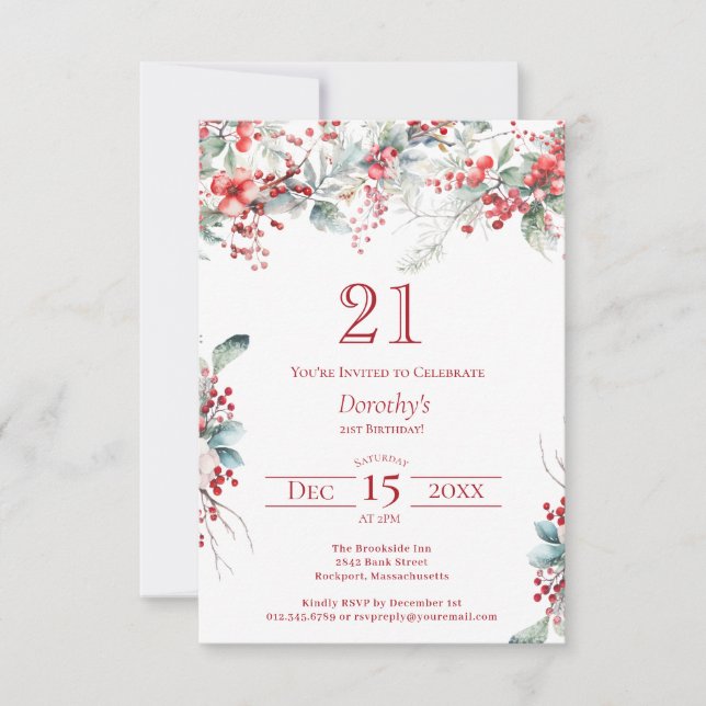 21st Birthday Elegant Winter Berry Botanical Invitation (Front)